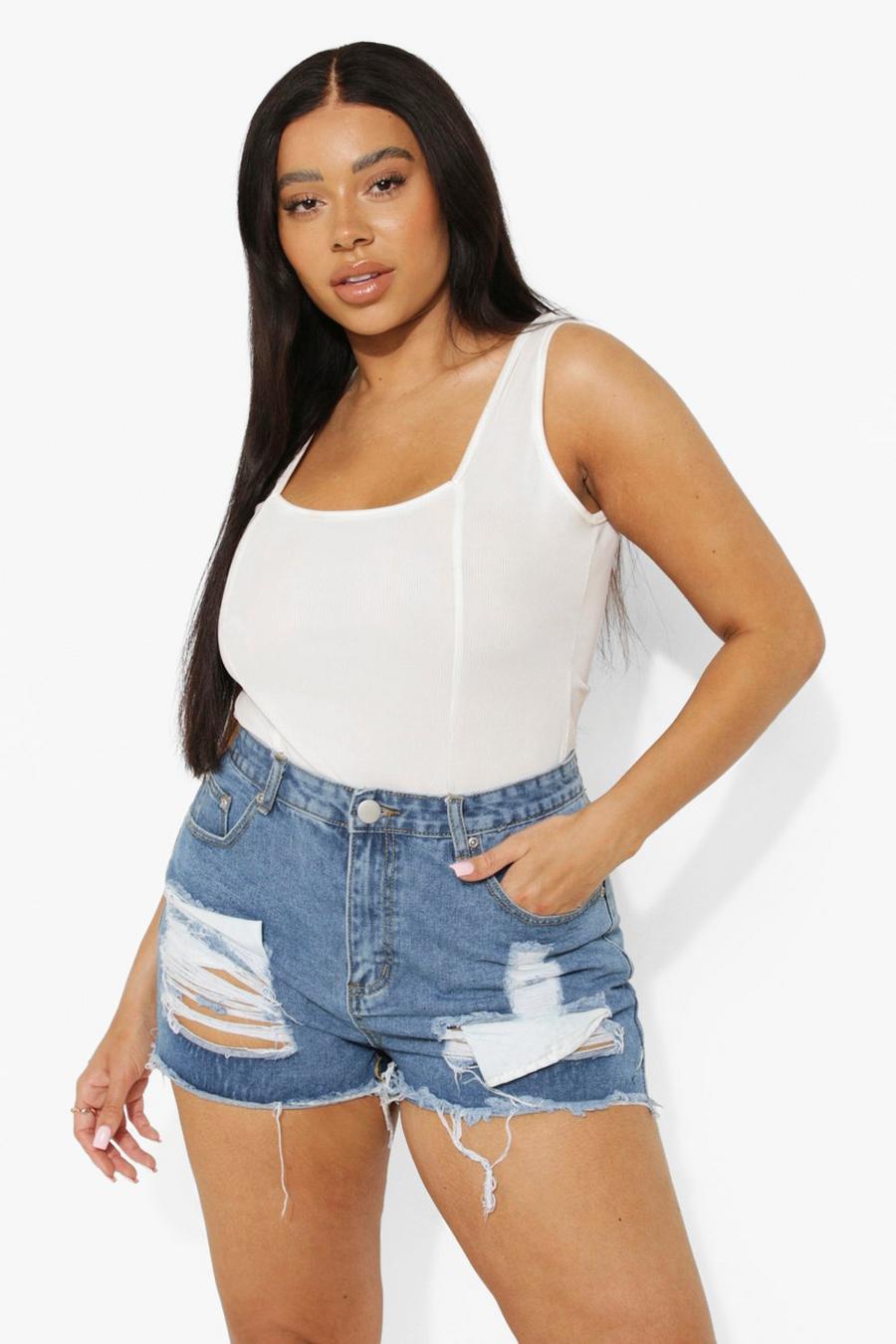 Plus Ripped High Waisted Denim Shorts image number 1