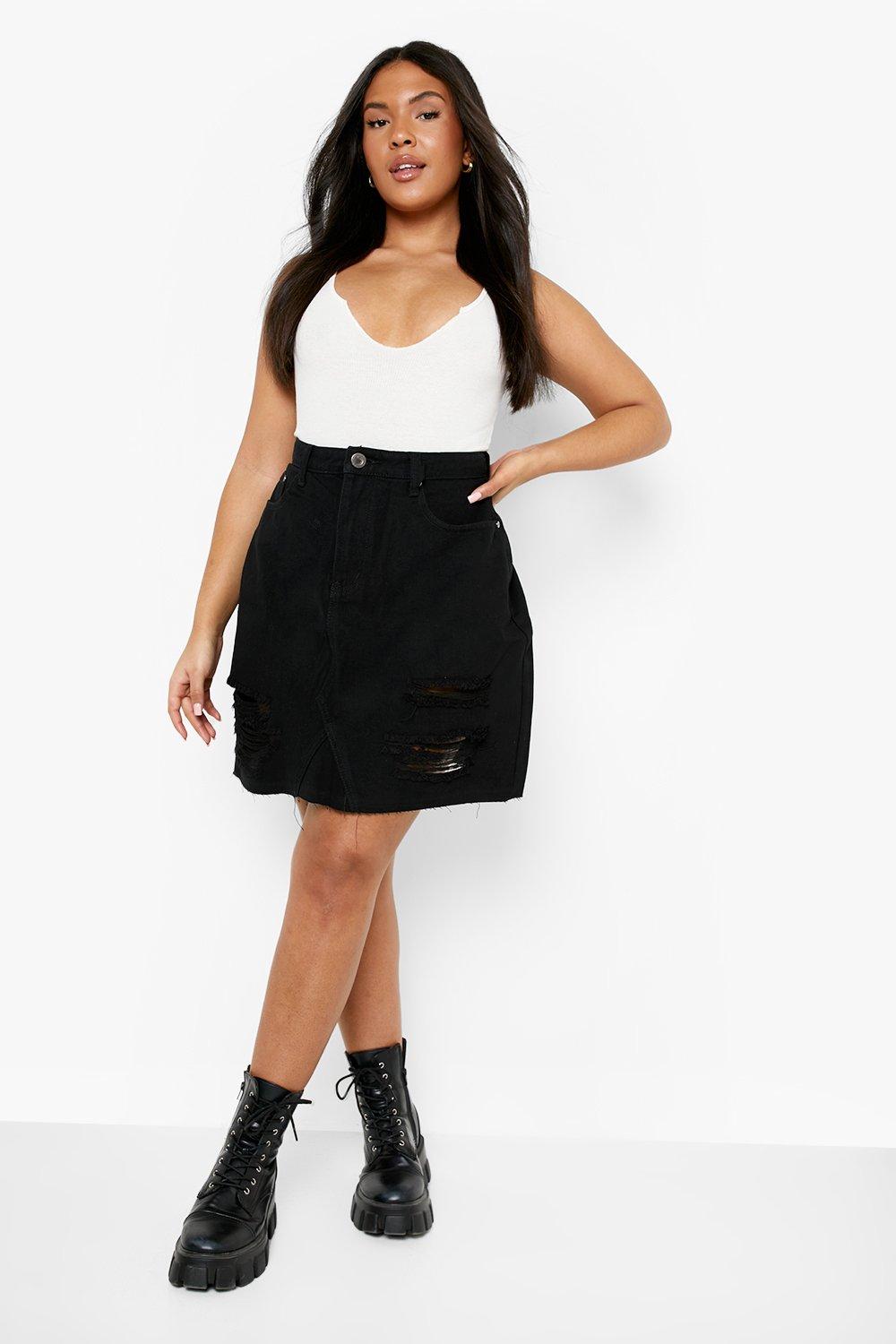 Black ripped denim 2025 skirt plus size