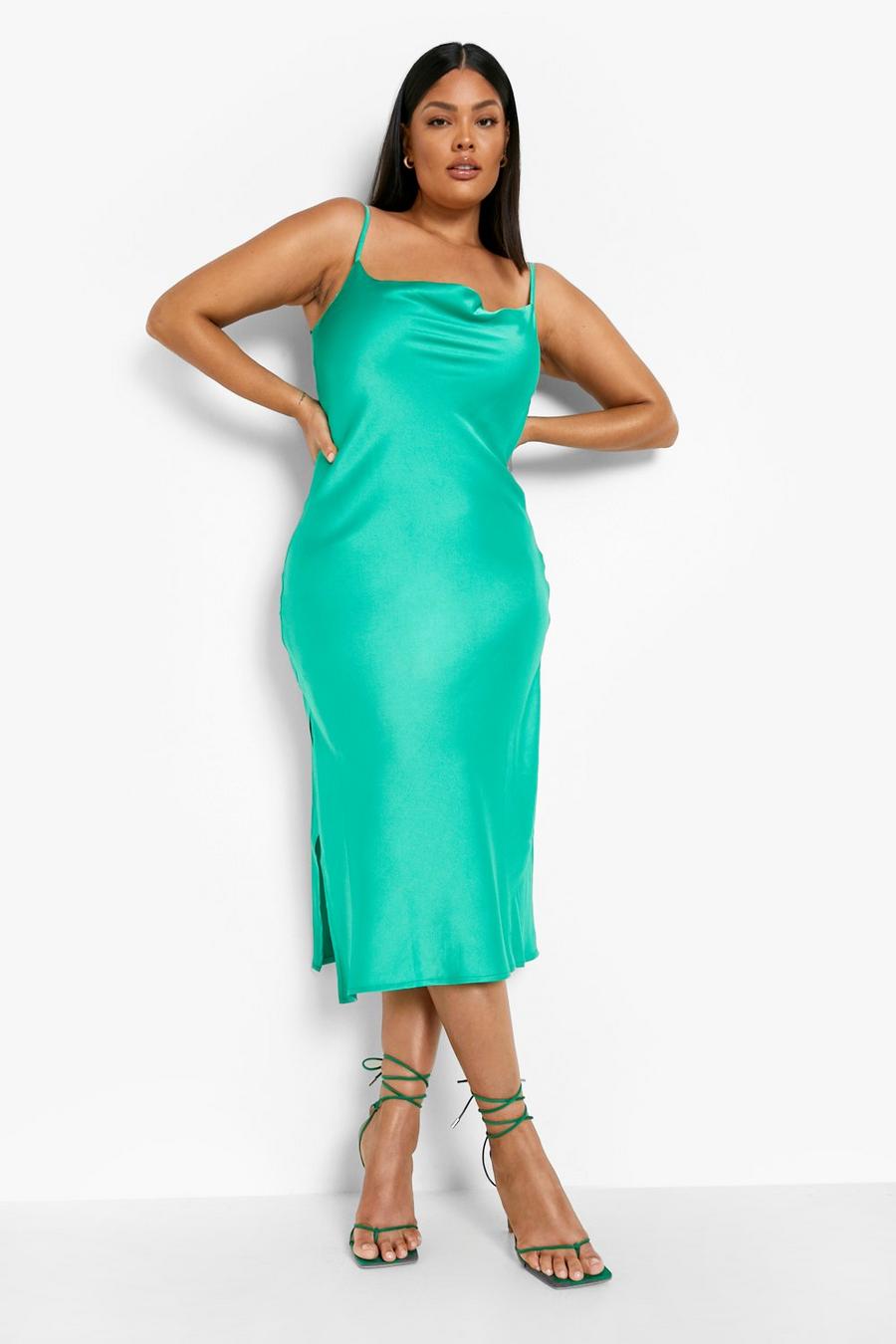 Green Plus Satin Cowl Neck Midi Slip Dress image number 1