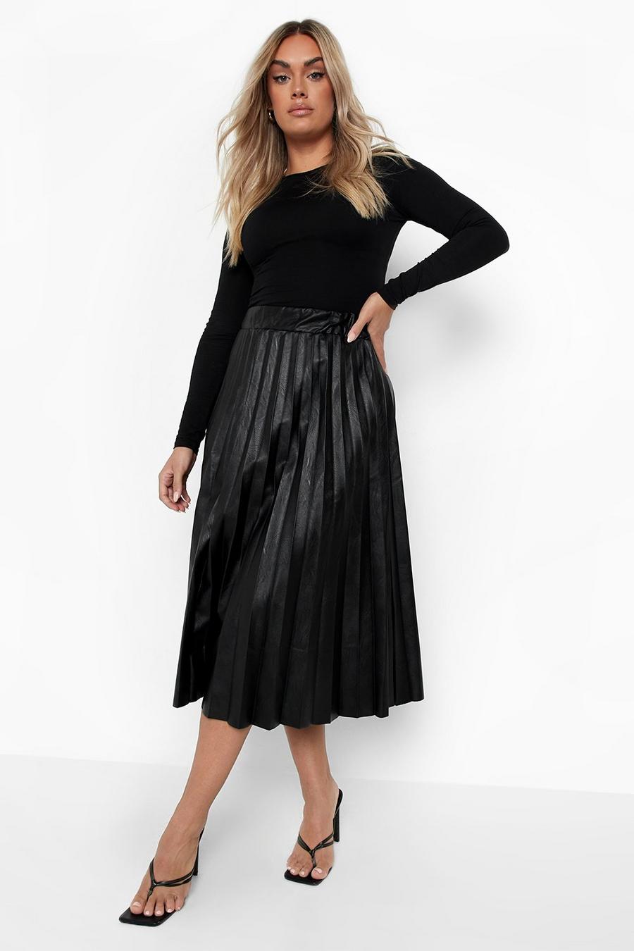 Black Plus Pu Pleated Midi Skirt image number 1