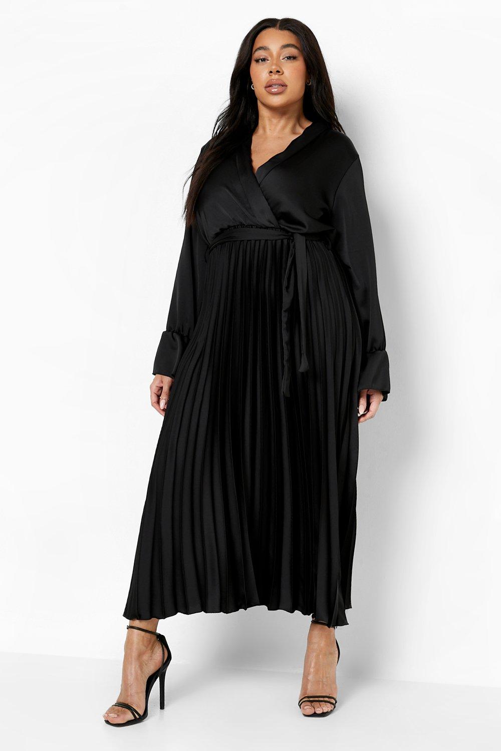 Women's Plus Pleated Flare Sleeve Satin Wrap Dress | Boohoo UK