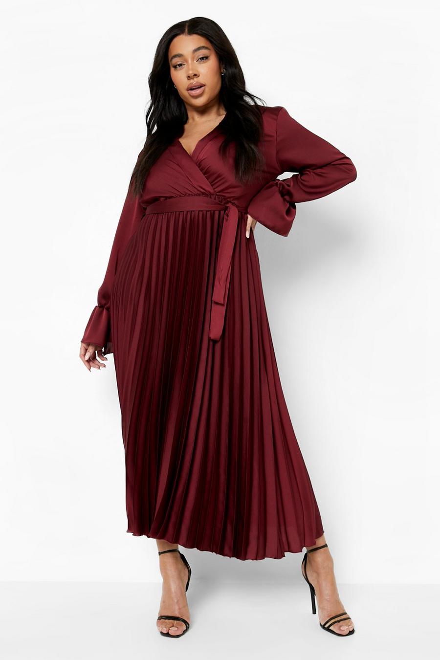 Red Plus Pleated Flare Sleeve Satin Wrap Dress image number 1