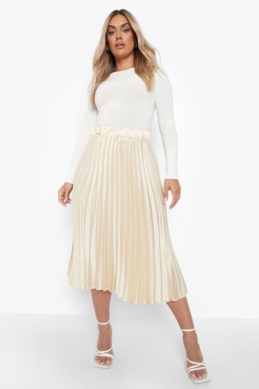 Stone beige Plus Satin Pleated Midi Skirt image number 1