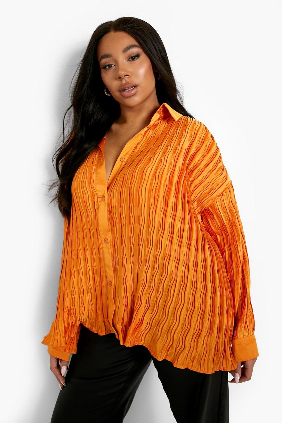 Golden orange Plus Textured Plisse Oversized Shirt image number 1