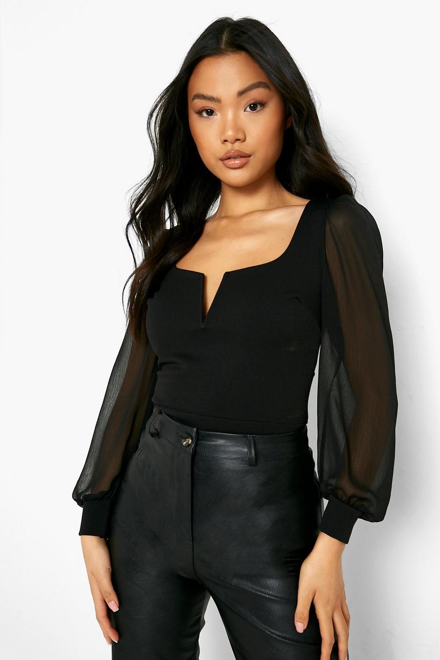 Black Petite V Front Chiffon Sleeve Cuffed Bodysuit image number 1