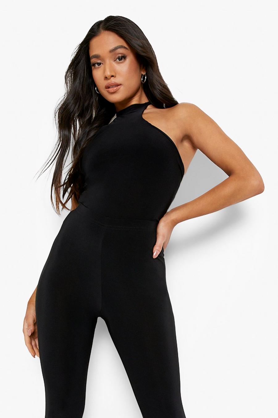 Black Petite Cut Out Double Layer Slinky Bodysuit image number 1
