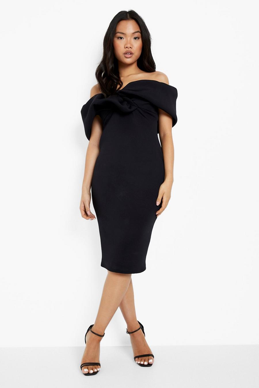 Black Petite Ruffle Bardot Midi Dress image number 1