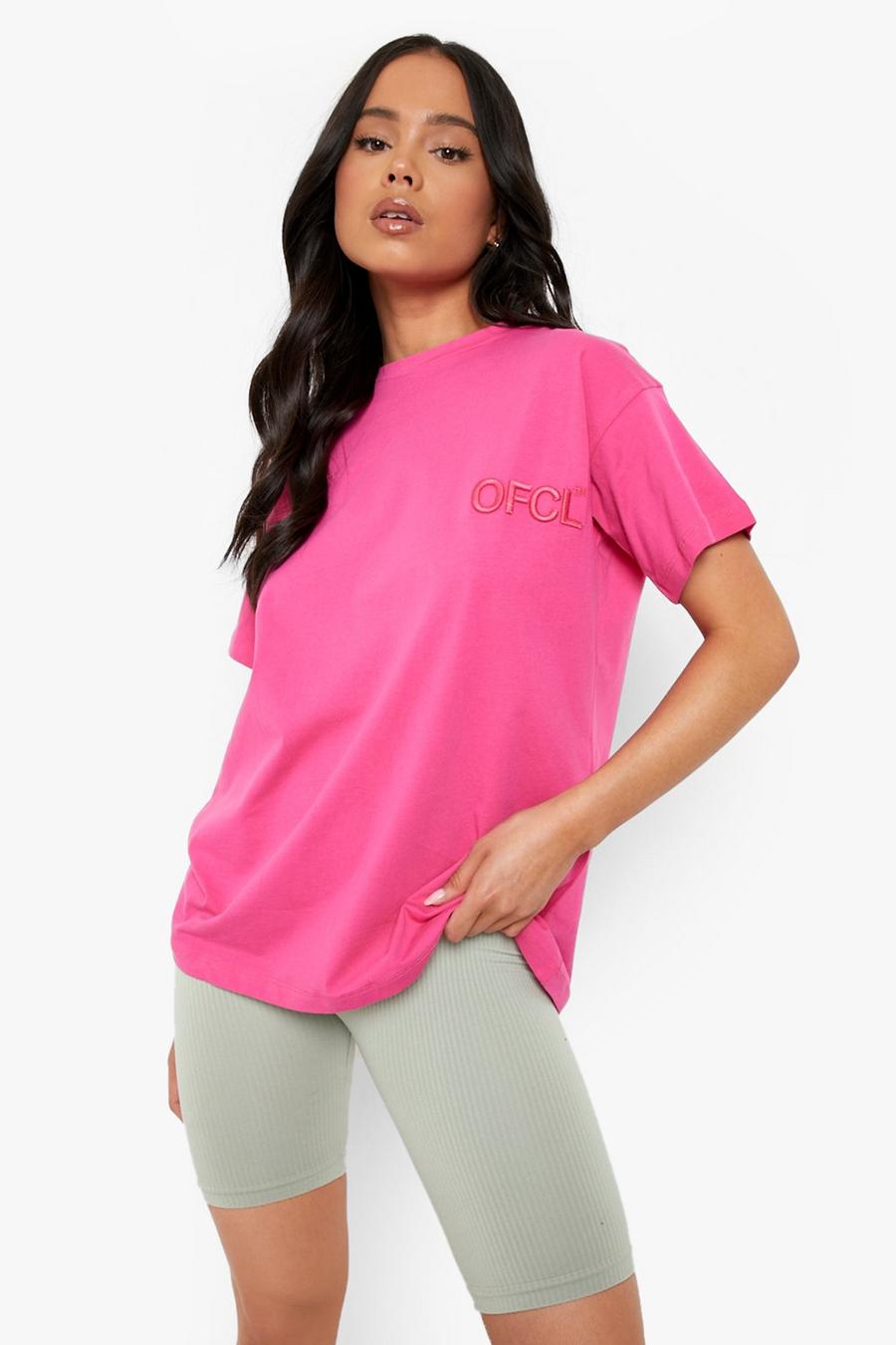 Petite T-Shirt mit Official-Stickerei, Hot pink
