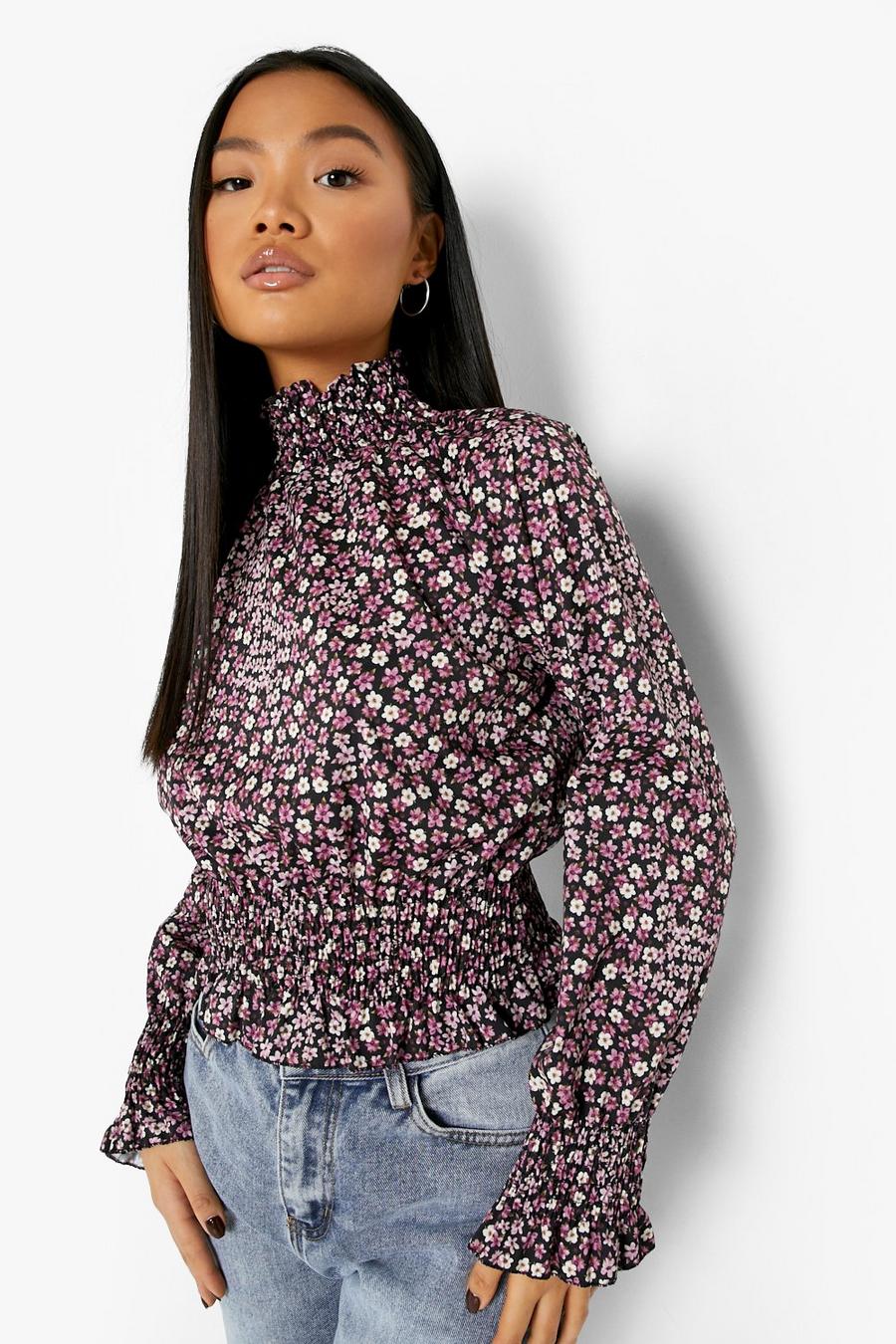 Pink Petite Ditsy Floral Shirred High Neck Top image number 1