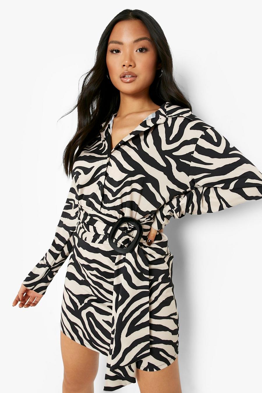 Black Petite Zebra Wrap Buckle Detail Shirt Dress image number 1