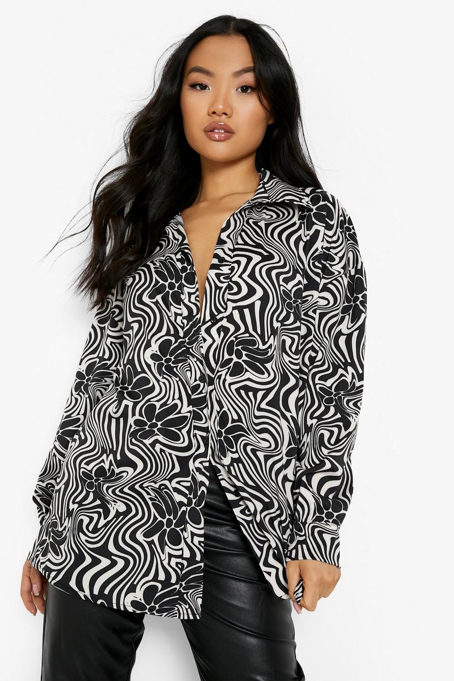 Black Petite Floral Abstract Oversized Shirt image number 1
