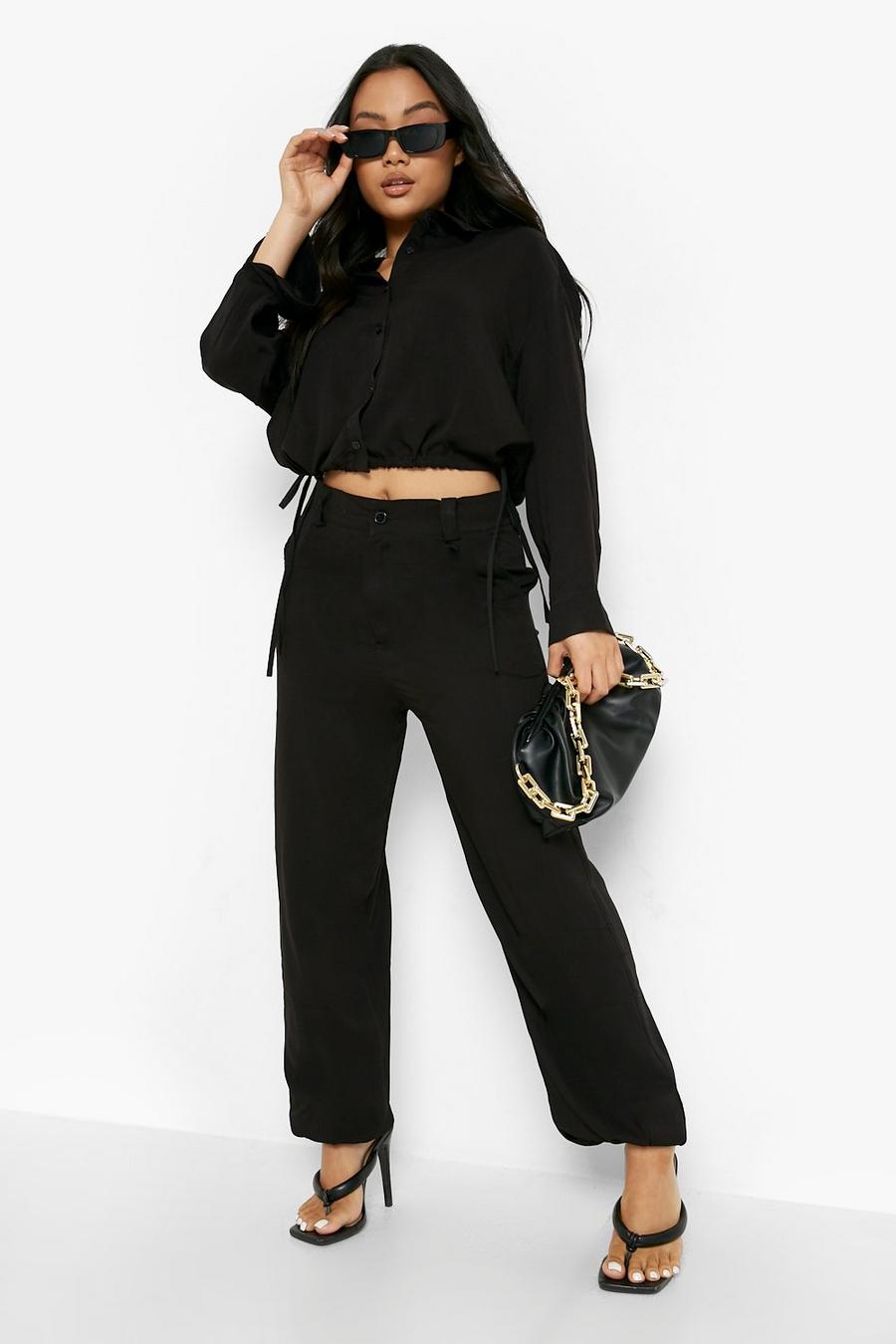 Black Petite Linen Look Relaxed High Waist Joggers image number 1