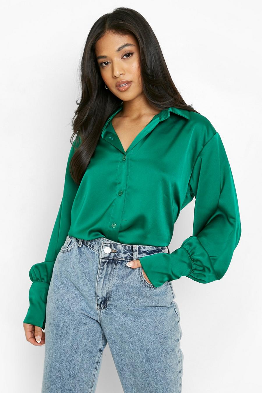 Green Petite Extreme Oversized Satin Shirt