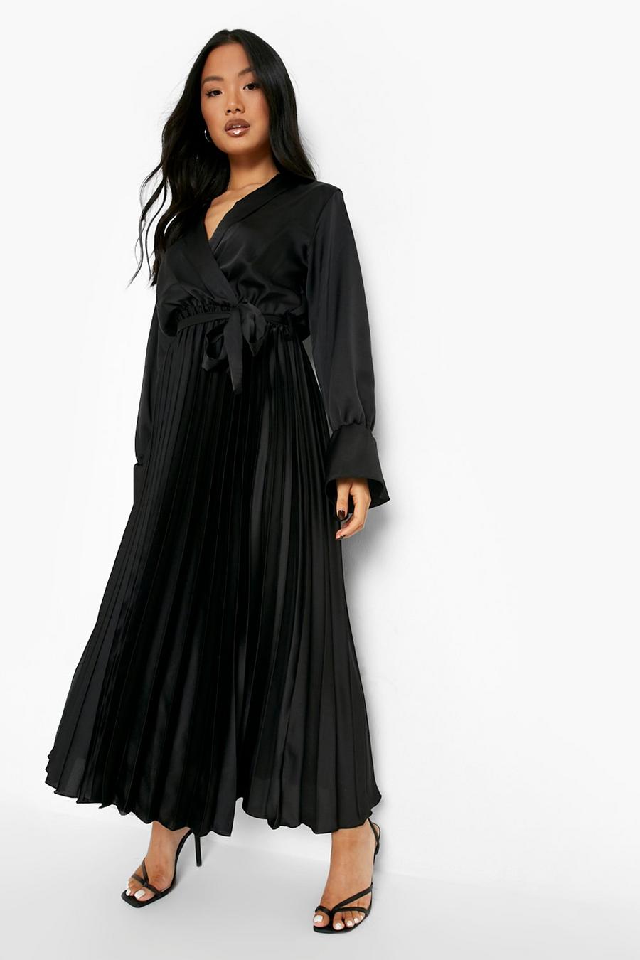 Black שמלת סקייטר מידי מסאטן עם קפלים, פטיט image number 1