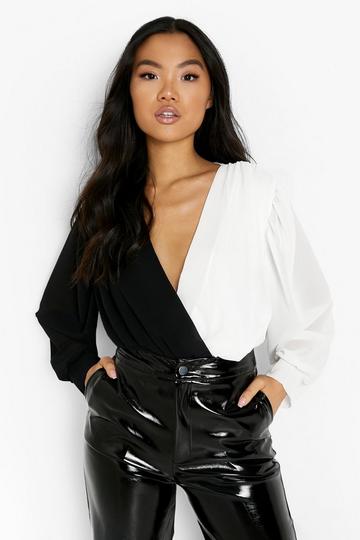 Petite Colorblock Wrap Bodysuit black