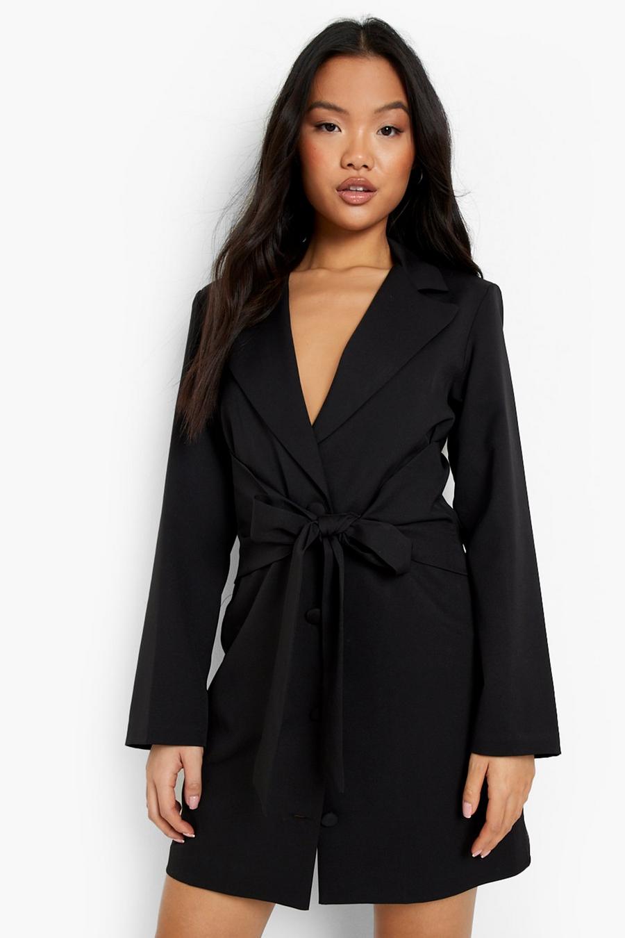 Black Petite Tie Waist Button Detail Blazer Dress image number 1