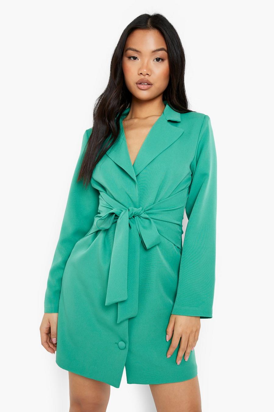 Green Petite Tie Waist Button Detail Blazer Dress
