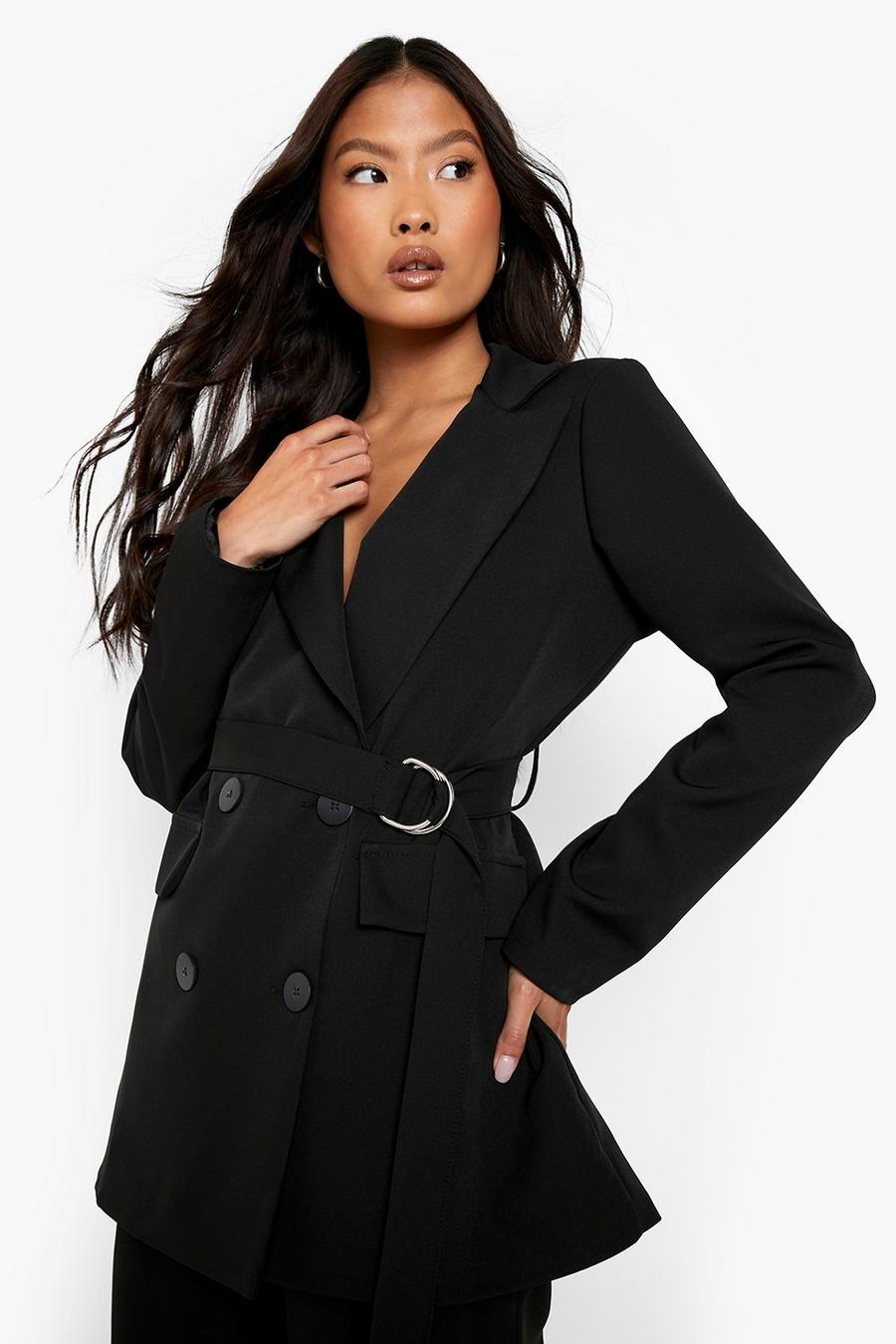 Black Petite Double Breasted D Ring Belted Blazer image number 1
