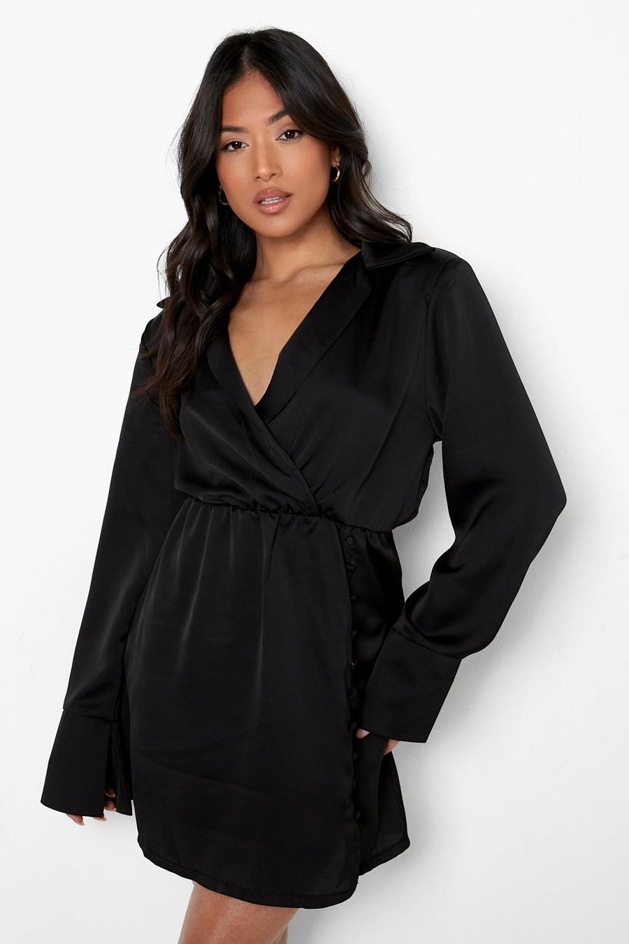 Black Petite Satin Button Shoulder Pad Shirt Dress image number 1