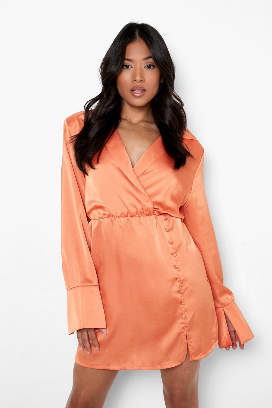 Orange Petite Satin Button Shoulder Pad Shirt Dress image number 1