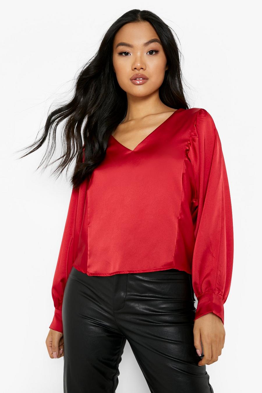 Red Petite Extreme Volume Sleeve Satin Blouse image number 1