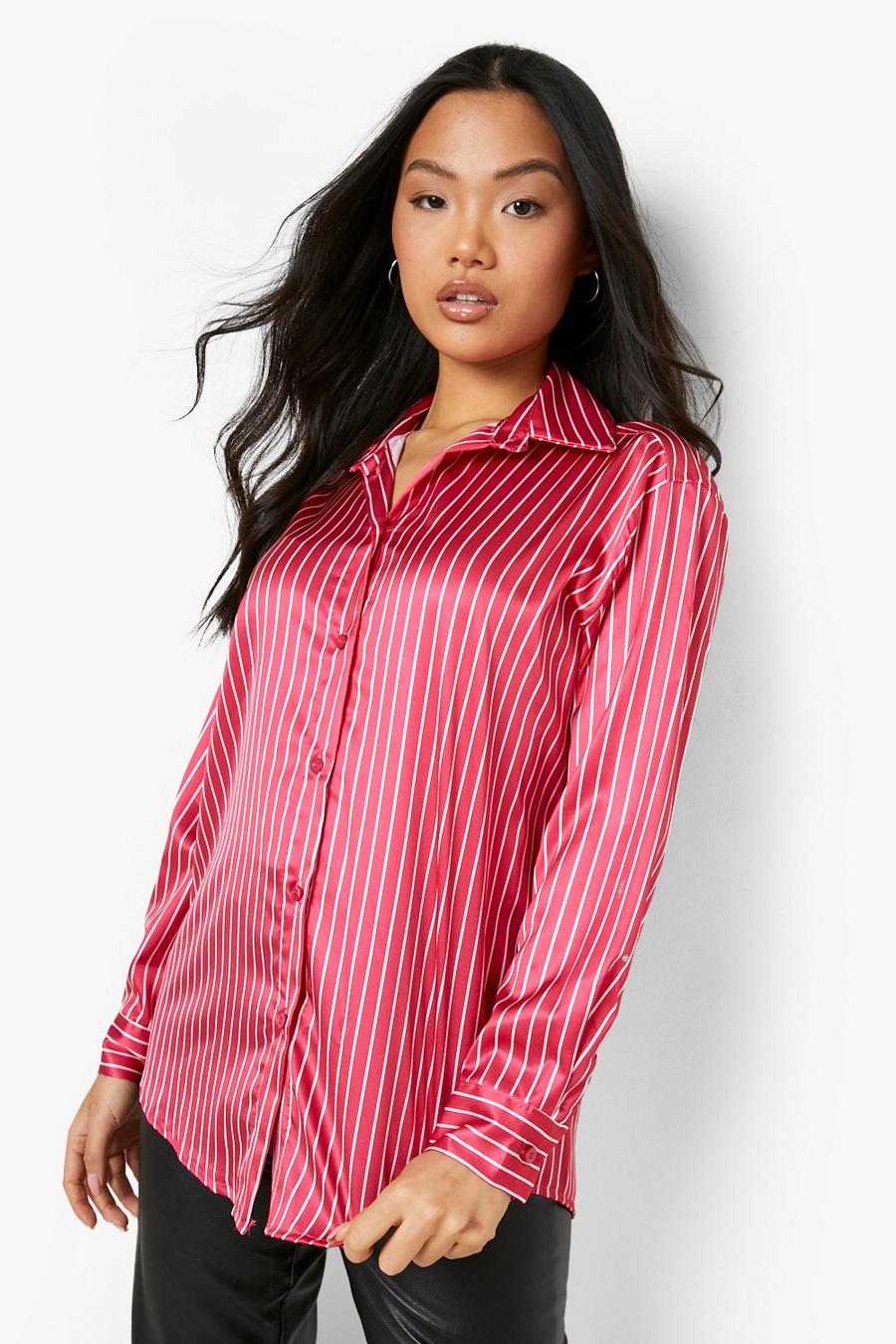 Hot pink Petite - Oversize randig skjorta i satin image number 1