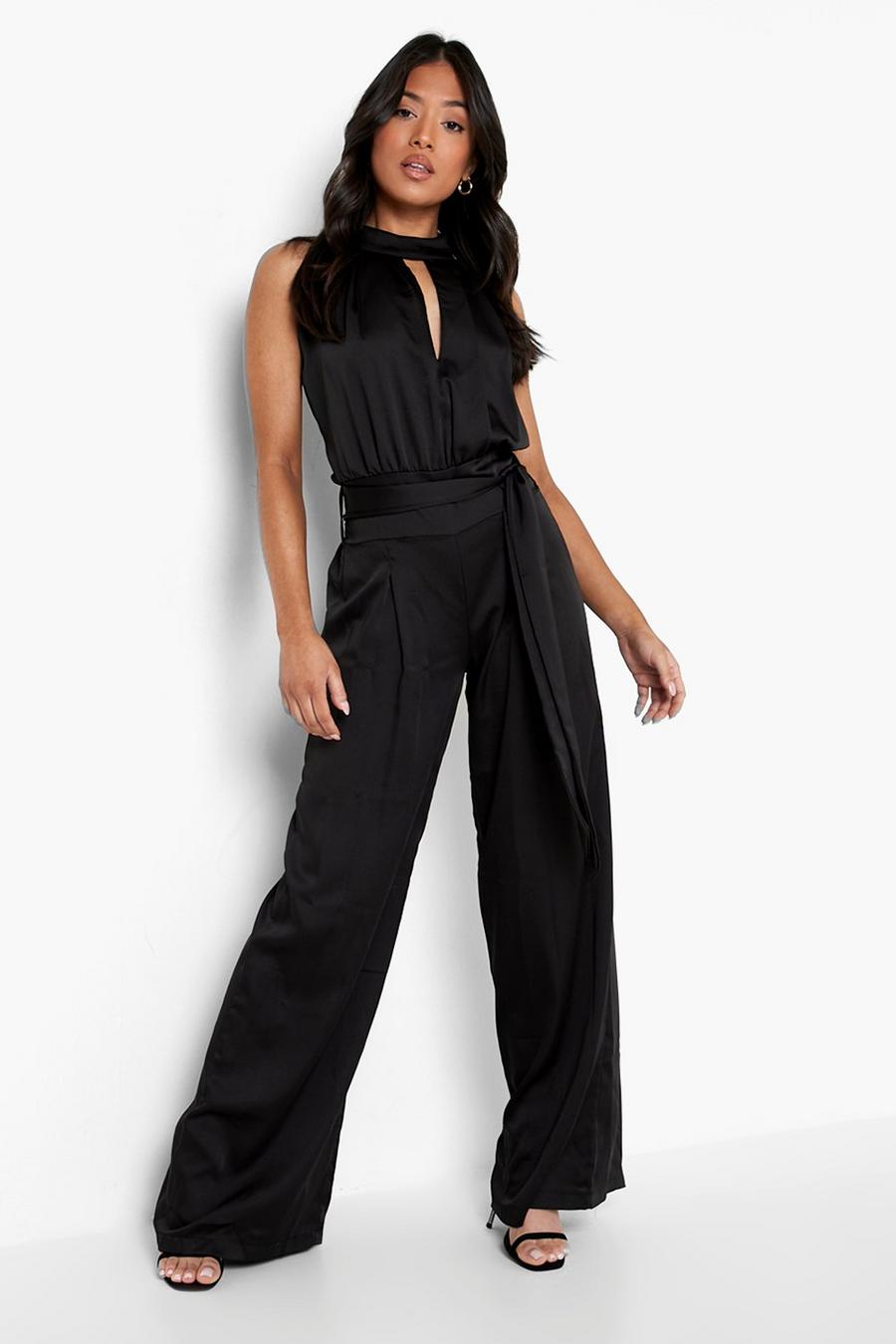 Black Petite Keyhole High Neck Satin Jumpsuit image number 1