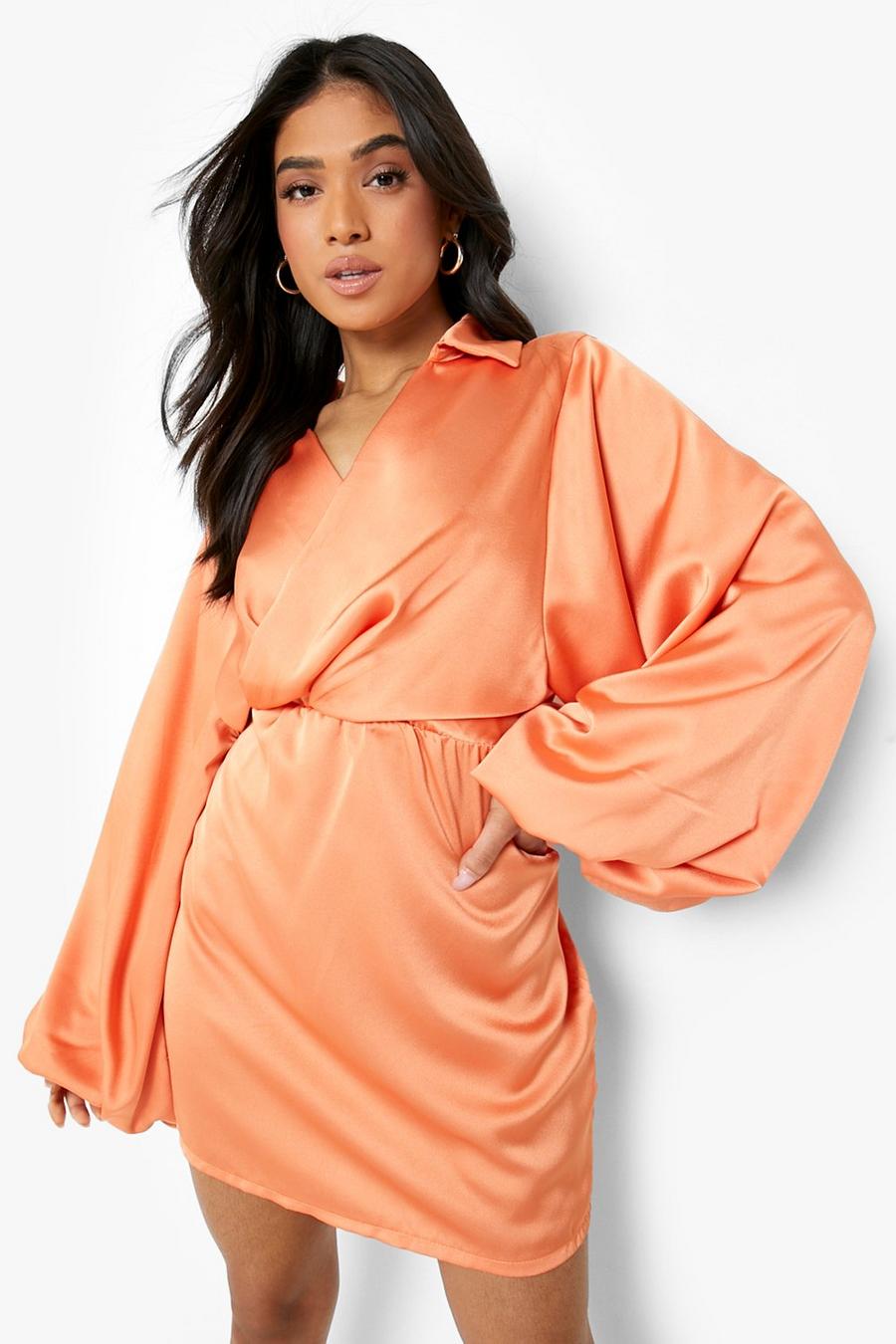 Orange Petite Extreme Balloon Sleeve Wrap Dress image number 1