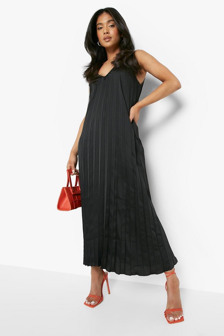 Black Petite Satin Pleated Cami Midi Dress image number 1