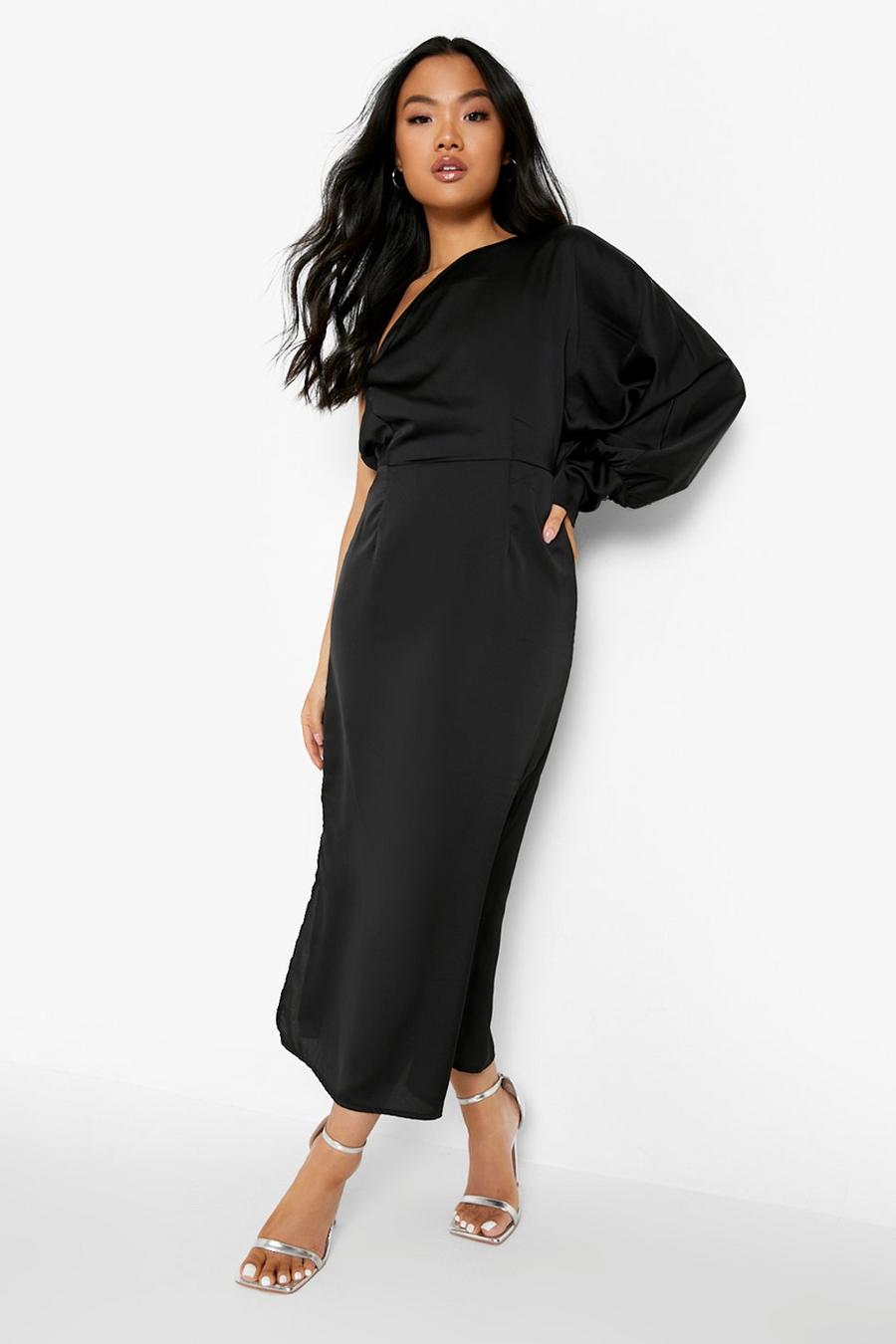 Black Petite Satin Asymmetric Maxi Dress image number 1