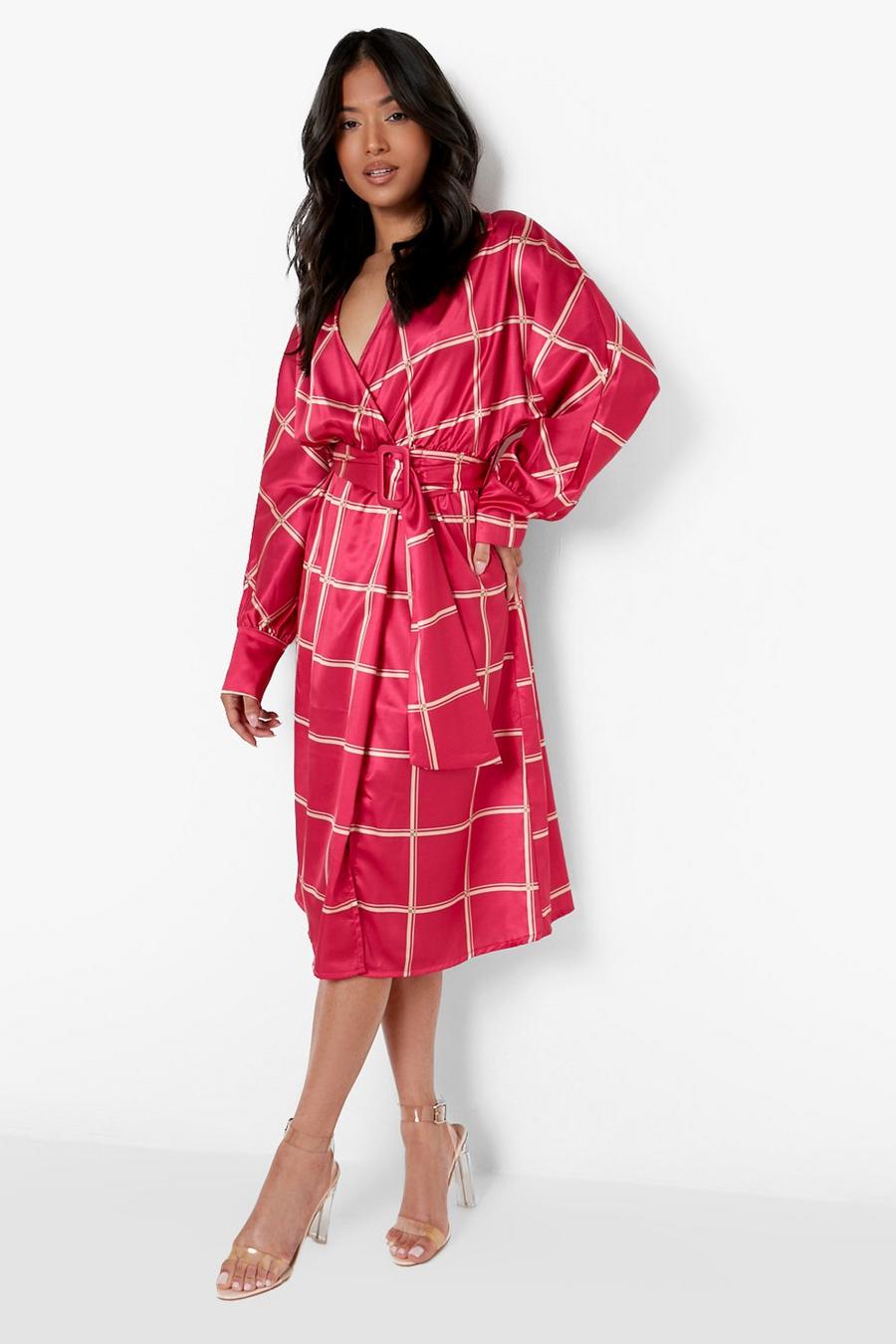 Hot pink Petite Grid Check Satin Belted Midi Dress image number 1