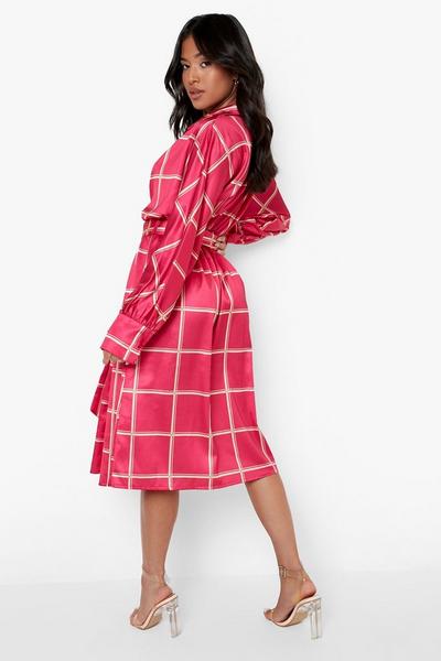 boohoo hot pink Petite Grid Check Satin Belted Midi Dress