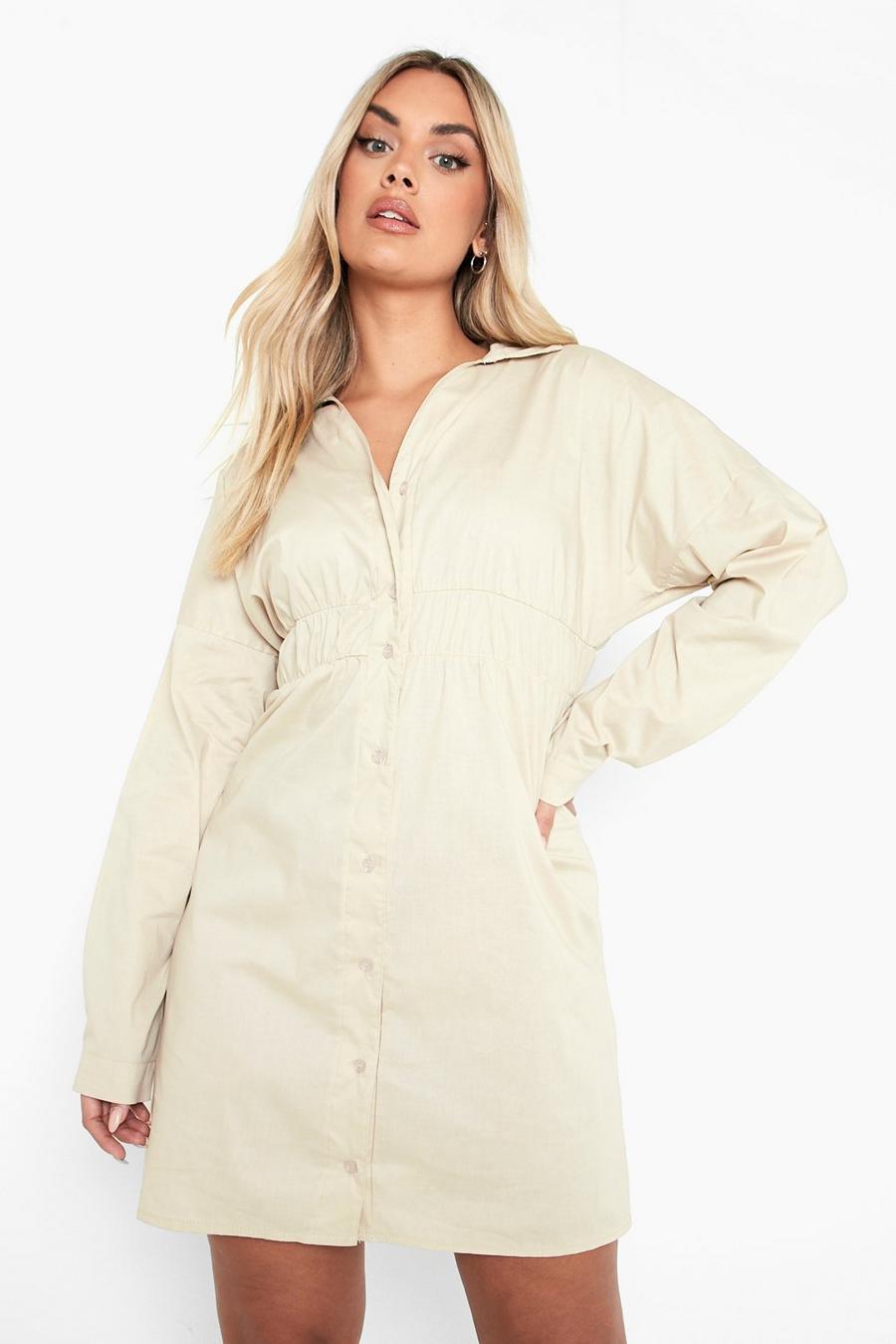 Stone beige Plus Cotton Ruched Detail Shirt Dress
