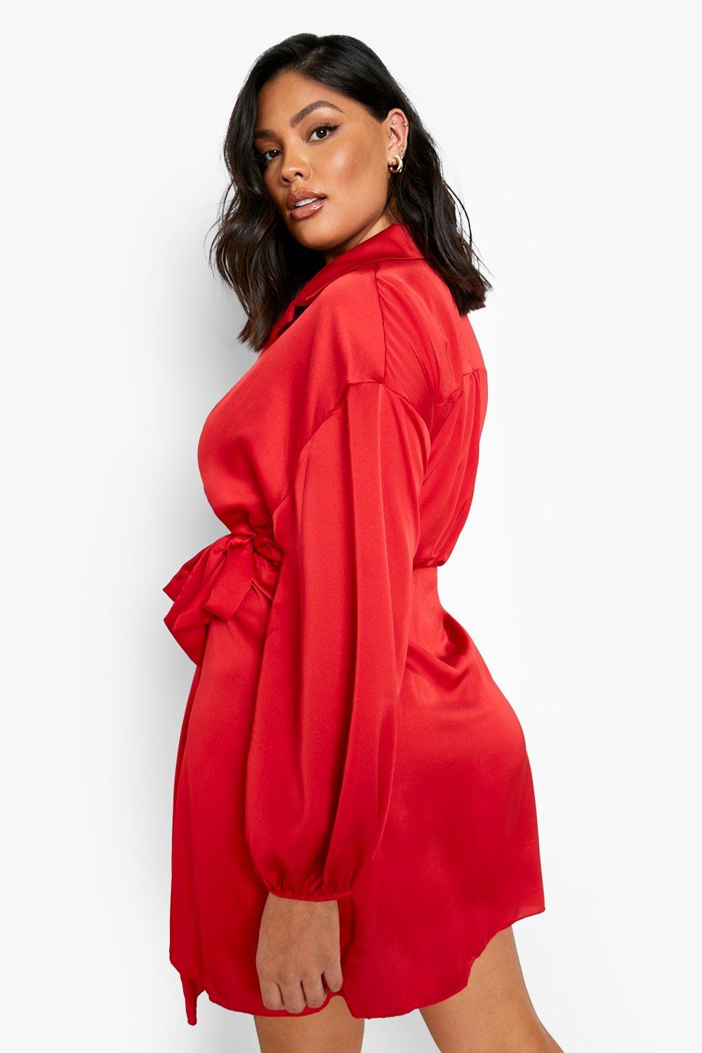 Red satin 2024 shirt dress