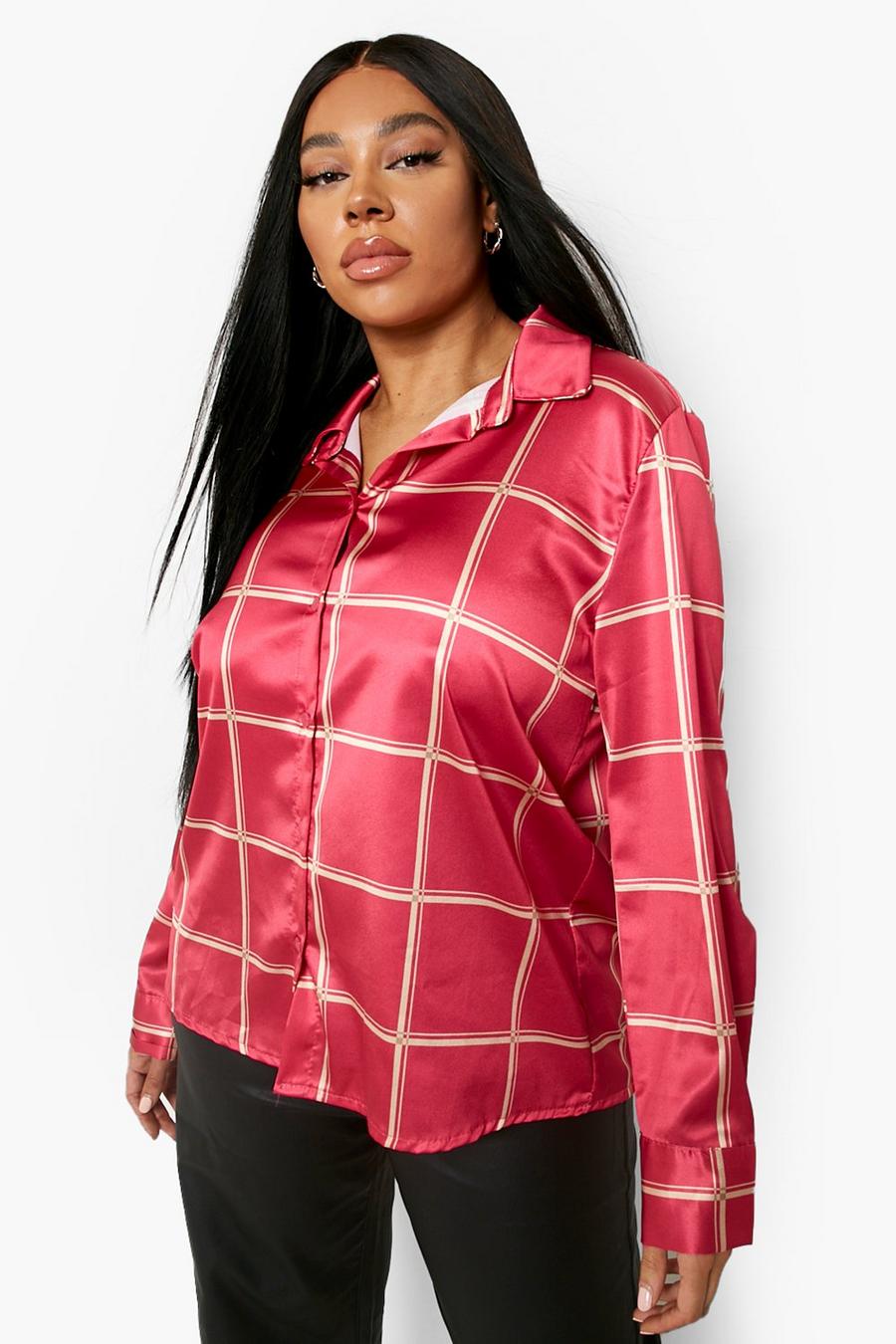Hot pink Plus Grid Check Satin Oversized Shirt image number 1