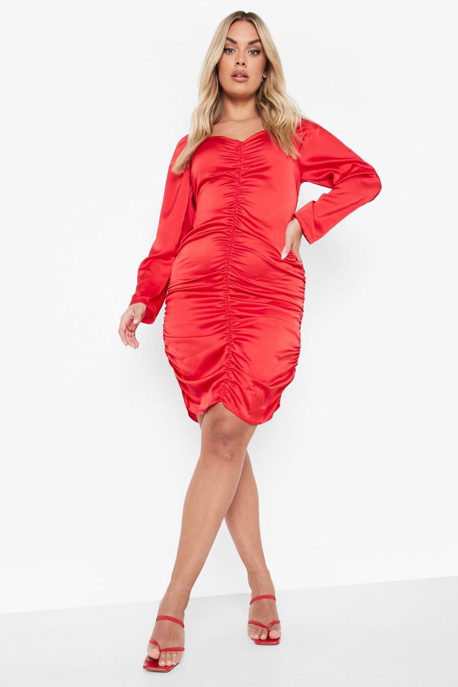Red Plus Satin Ruched Midi Dress