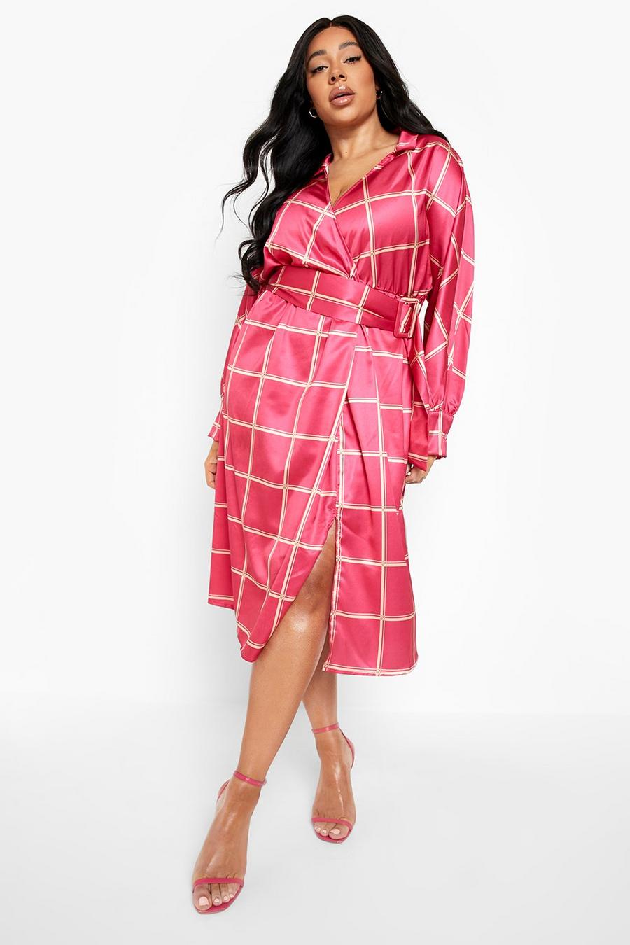 Hot pink Plus Grid Check Belted Satin Wrap Midi Dress