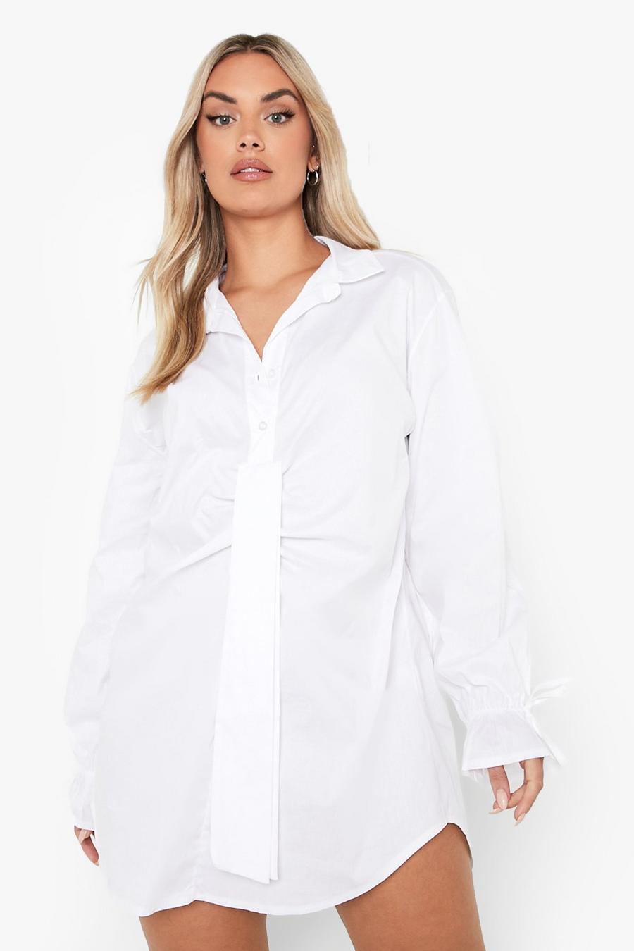 White Plus Cotton Knot Front Shirt Dress image number 1