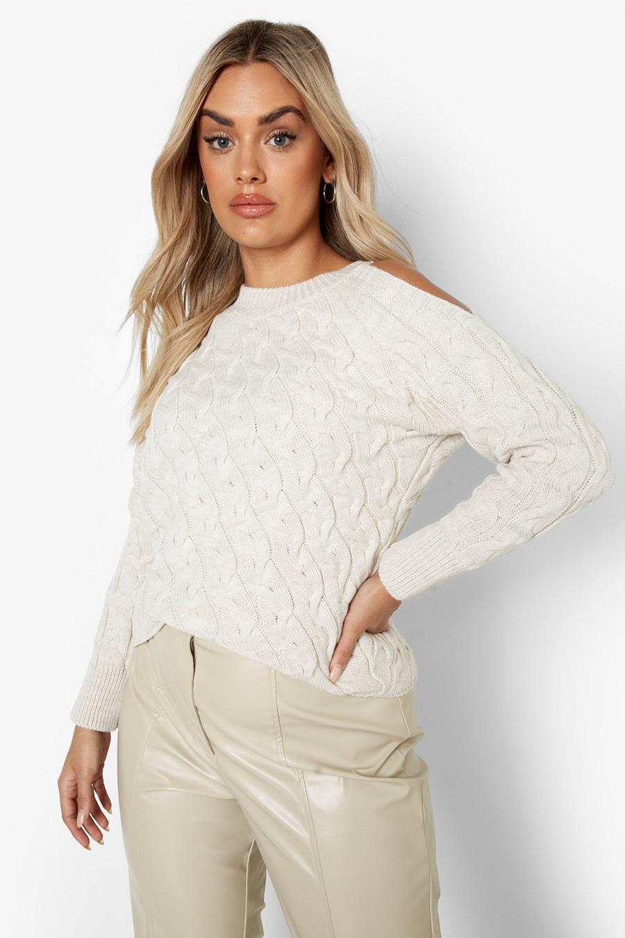 Cream white Plus Cable Knit Asymmetric Sweater