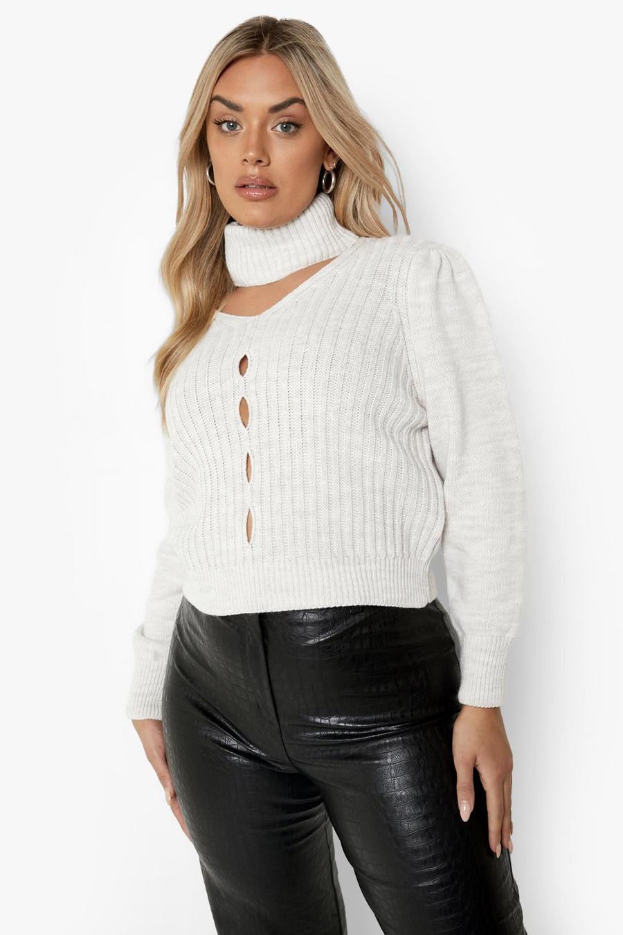 Stone beige Plus Roll Neck Cut Out Choker Jumper image number 1