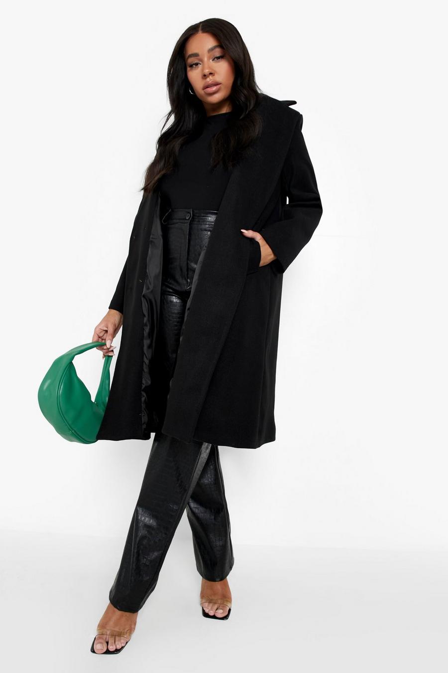Cappotto Plus Size a doppiopetto effetto lana, Black nero