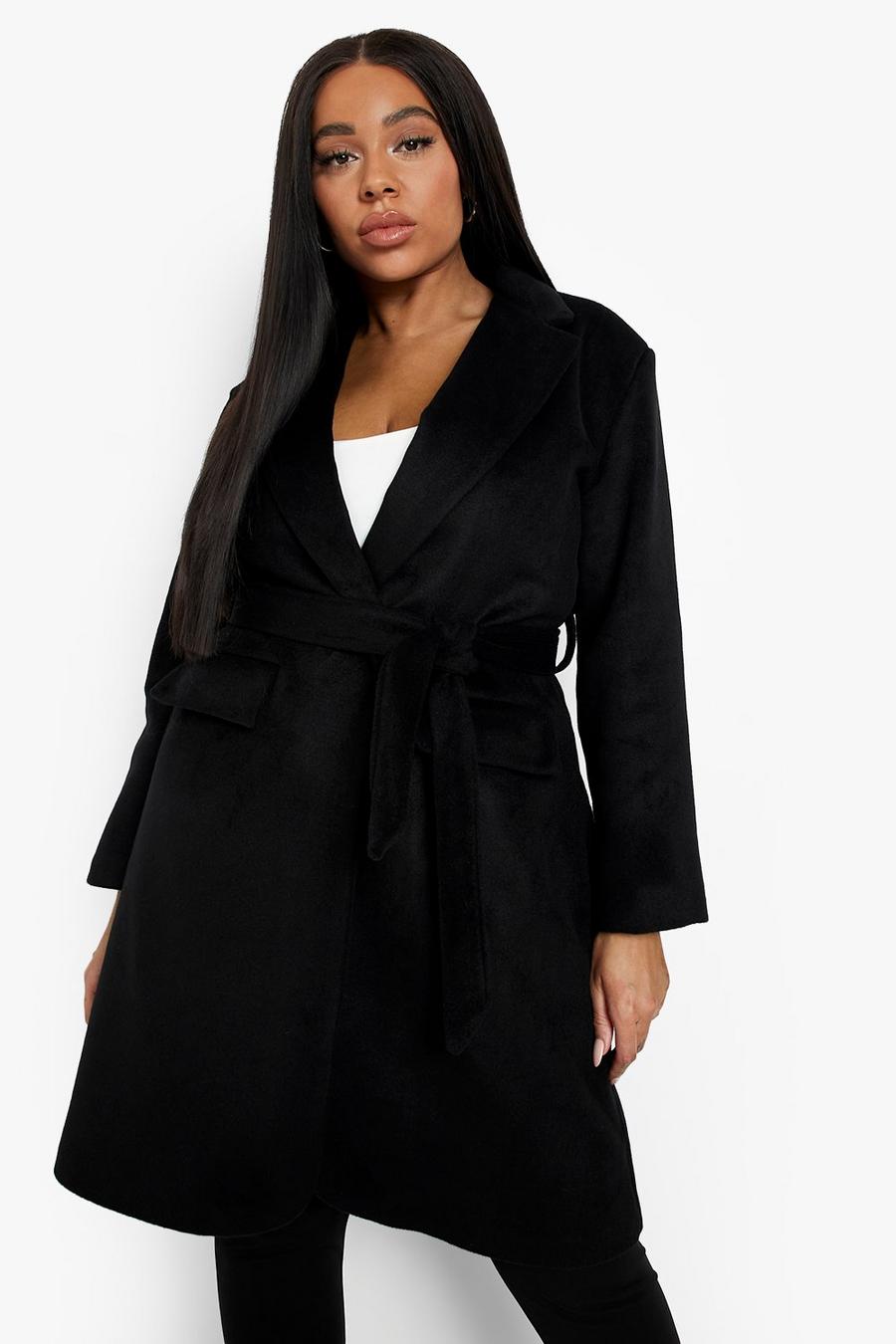 Cappotto Plus Size effetto lana con cintura, Black image number 1