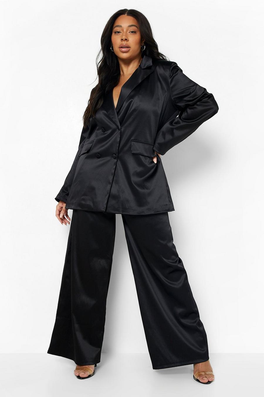 שחור מכנסי חליפה מסאטן בגזרה רחבה, מידות גדולות image number 1