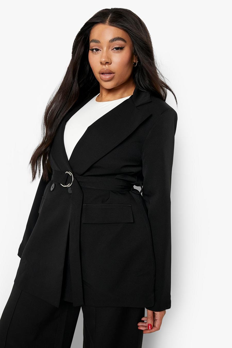 Black Plus Double Breasted D Ring Belted Blazer image number 1