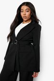 Black Plus Double Breasted D Ring Belted Blazer