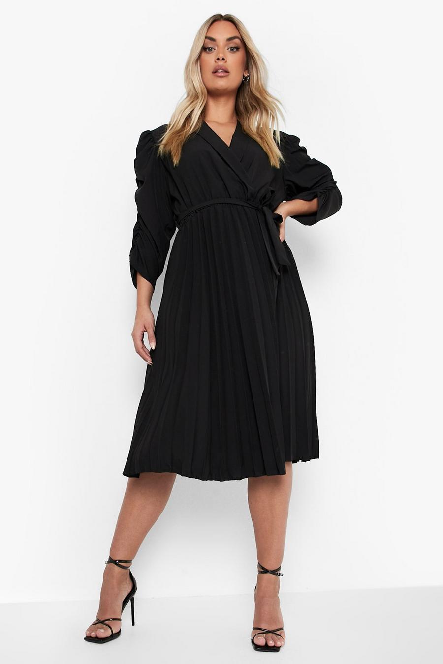 Black Plus Pleated Volume Sleeve Midi Dress image number 1