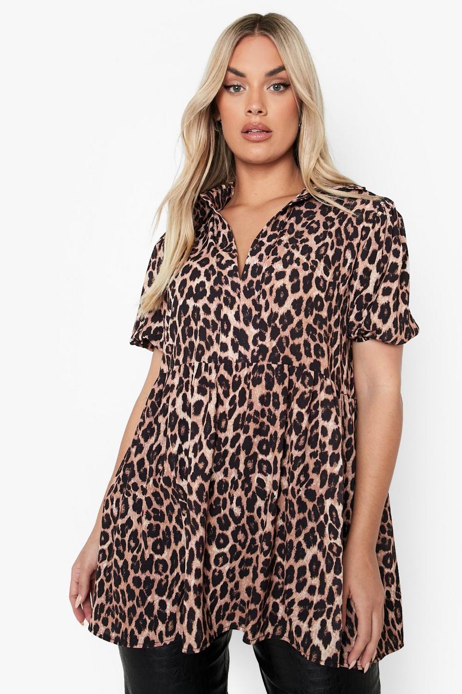 Plus Leopard Tiered Shirt Smock image number 1