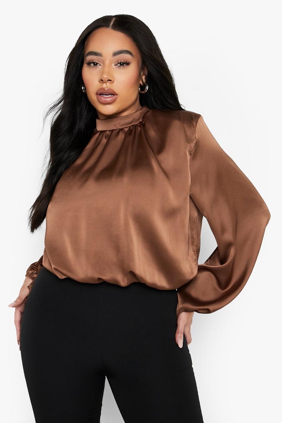 Crop top Plus Size in raso con spalline imbottite, Chocolate image number 1