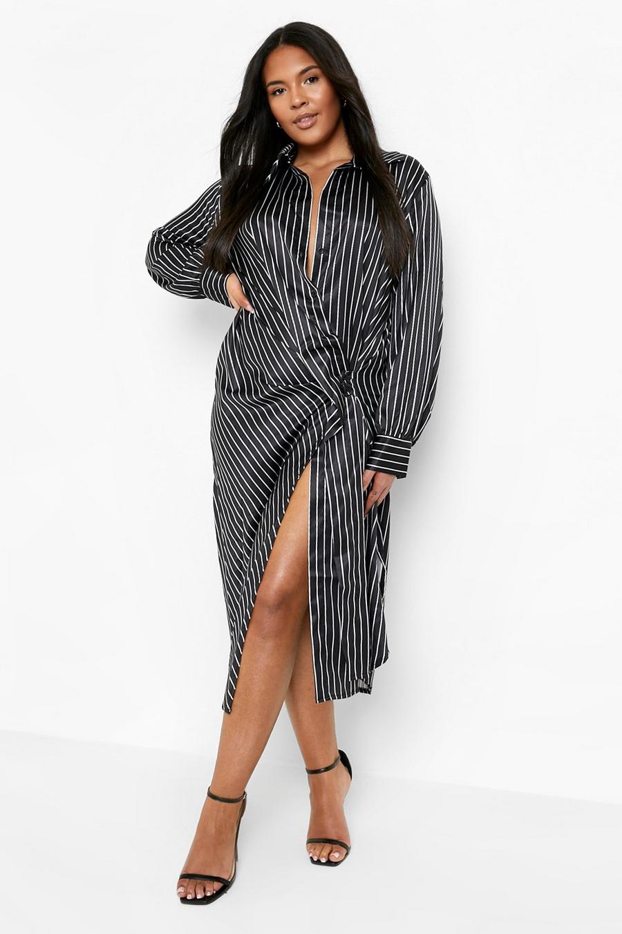 Black Plus Stripe Satin Maxi Shirt Dress image number 1