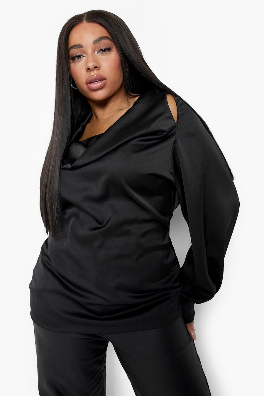 Blusa Plus Size con scollo a cappuccio e spalle scoperte, Black image number 1